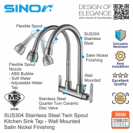 Sinor SS-2011-W SUS304 Stainless Steel Wall Mounted Twin Kitchen Sink Water Saving Tap - Image 2