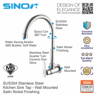 SINOR SS-2013-W SUS304 Stainless Steel Wall Kitchen and Bathroom Faucet Water Saving Arc Sink Tap - Image 2