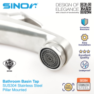 SINOR SS-2015 SUS304 Stainless Steel Pillar Kitchen and Bathroom Faucet Water Saving Basin Tap - Image 5