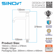 SINOR SS-2016-H SUS304 Stainless Steel Pillar Kitchen and Bathroom Faucet Water Raised Basin Bib Tap - Image 6