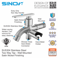 SINOR SS-2018-U SUS304 Stainless Steel Wall-Mounted Kitchen and Bathroom Faucet Water Saving  Two Way Tap With Hand Bidet Holder  Code: SS-2018-U - Image 2