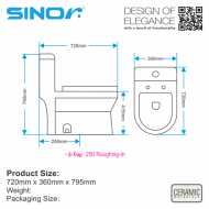 Sinor SWC-1101-G One Piece Wash Down Pedestal Water Closet Bathroom WC - Image 6