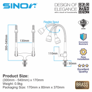 Sinor B-1011-P FNC Handle Spout Pillar Faucet Water Saving Sink Twin Tap - Image 5