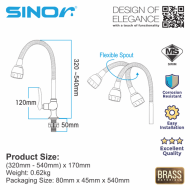 Sinor B-1012-P Fionic Chrome Handle Flexible Spout Pillar Faucet Water Saving Sink Tap - Image 9