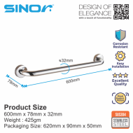 Sinor BF-213-600 SUS304 Stainless Steel Bathroom safety Grab Bar - Image 7