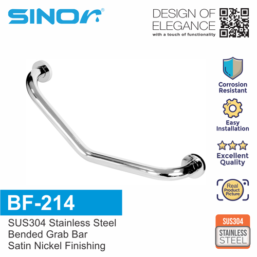 Sinor BF-214 SUS304 Stainless Steel Bathroom safety Bended Grab Bar