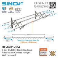 Sinor BF-6201-304 3Bar SUS304 Stainless Steel Retractable Clothes Drying Rack - Image 2