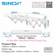 Sinor BF-6201-C 3Bar Stainless Steel Retractable Clothes Drying Rack - Image 6