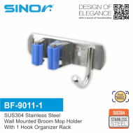 SINOR BF-9011-1 1-Slot SUS304 Stainless Steel Wall-Mounted Broom Holder And 1 Hook Organizer Rack