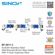 SINOR BF-9011-3 3-Slot SUS304 Stainless Steel Wall-Mounted Broom Holder And 4 Hook Organizer Rack - Image 2