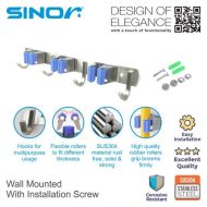 SINOR BF-9011-3 3-Slot SUS304 Stainless Steel Wall-Mounted Broom Holder And 4 Hook Organizer Rack - Image 7