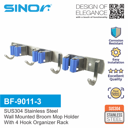 SINOR BF-9011-3 3-Slot SUS304 Stainless Steel Wall-Mounted Broom Holder And 4 Hook Organizer Rack