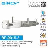 SINOR BF-9015-3 SUS 304 Stainless Steel Wall-Mount Rack 3-Hock Multipurpose Solid Clothes Hanger