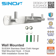 SINOR BF-9015-3 SUS 304 Stainless Steel Wall-Mount Rack 3-Hock Multipurpose Solid Clothes Hanger - Image 3