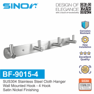 SINOR BF-9015-4 SUS 304 Stainless Steel Wall-Mount Rack 4-Hock Multipurpose Solid Clothes Hanger