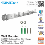 SINOR BF-9015-4 SUS 304 Stainless Steel Wall-Mount Rack 4-Hock Multipurpose Solid Clothes Hanger - Image 3