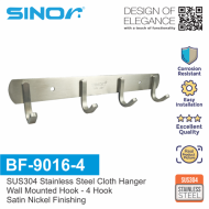 SINOR BF-9016-4 SUS 304 Stainless Steel Wall-Mount Rack 4-Hock Multipurpose Solid Clothes Hanger