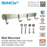 SINOR BF-9016-4 SUS 304 Stainless Steel Wall-Mount Rack 4-Hock Multipurpose Solid Clothes Hanger - Image 3
