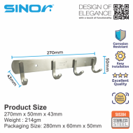 SINOR BF-9016-4 SUS 304 Stainless Steel Wall-Mount Rack 4-Hock Multipurpose Solid Clothes Hanger - Image 5