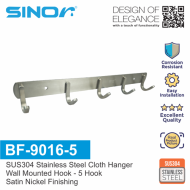 SINOR BF-9016-5 SUS 304 Stainless Steel Wall-Mount Rack 5-Hock Multipurpose Solid Clothes Hanger