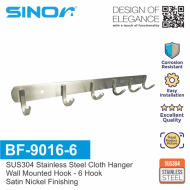 SINOR BF-9016-6 SUS 304 Stainless Steel Wall-Mount Rack 6-Hock Multipurpose Solid Clothes Hanger