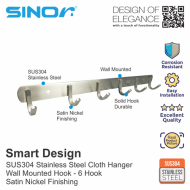 SINOR BF-9016-6 SUS 304 Stainless Steel Wall-Mount Rack 6-Hock Multipurpose Solid Clothes Hanger - Image 2