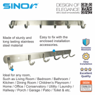 SINOR BF-9016-6 SUS 304 Stainless Steel Wall-Mount Rack 6-Hock Multipurpose Solid Clothes Hanger - Image 3