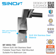 Sinor BF-9052-700 SUS304 Stainless Steel Wall Mounted Foldable Towel Rack - Image 4