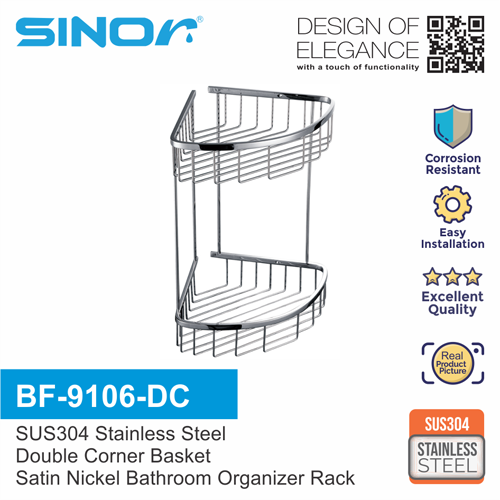 SINOR BF-9106-DC SUS304 Stainless Steel Bathroom Shower Shelf Bath Shampoo Double Corner Basket Wall Mounted