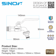 Sinor SBBC-216 Stainless Steel Handle Brass Ball Bibcock With Hose Connector - Image 6