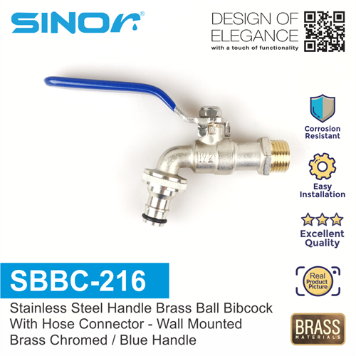 Sinor SBBC-216 Stainless Steel Handle Brass Ball Bibcock With Hose Connector