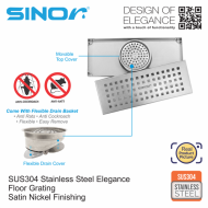 Sinor SD-419-30 SUS304 Stainless Steel 120mm x 300mm Elegance Floor Grating - Image 4