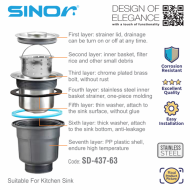 Sinor SD-437-63 Stainless Steel Kitchen Sink Waste With Basket - Image 2