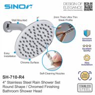 Sinor SH-710-R4 Stainless Steel 4 Inches Round Ultra Thin Shower Head Set - Image 3