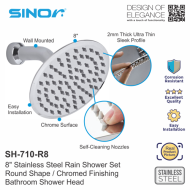 Sinor SH-710-R8 Stainless Steel 8 Inches Round Ultra Thin Shower Head Set - Image 3