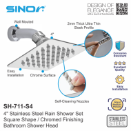Sinor SH-711-S4 Stainless Steel 4 Inches Square Ultra Thin Shower Head Set - Image 3