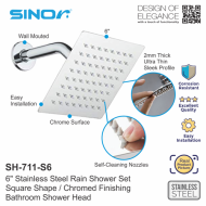 Sinor SH-711-S6 Stainless Steel 6 Inches Square Ultra Thin Shower Head Set - Image 3