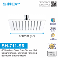 Sinor SH-711-S6 Stainless Steel 6 Inches Square Ultra Thin Shower Head Set - Image 7
