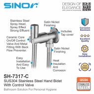 Sinor SH-7317-304 Premium SUS304 Stainless Steel Bathroom Hand Bidet Toilet Spray With Control Valve - Image 3