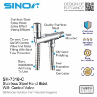 Sinor SH-7318-C Premium Stainless Steel Bathroom Hand Bidet Toilet Spray With Control Valve - Image 3