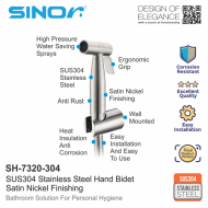 Sinor SH-7320-304 SUS304 Stainless Steel Bathroom Hand Bidet Spray Head With 1.2m Stainless Steel Hose And Wall Holder - Image 3