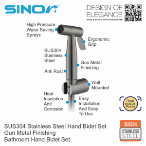 Sinor SH-7320-GM SUS304 Stainless Steel Matte Black Bathroom Hand Bidet Spray Head With 1.2m Stainless Steel Hose And Wall Holder - Image 2