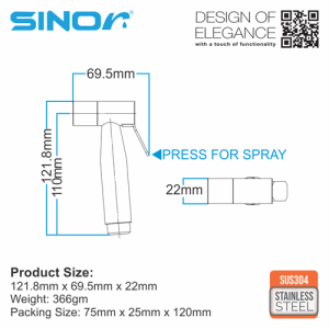 Sinor SH-7320-GM SUS304 Stainless Steel Matte Black Bathroom Hand Bidet Spray Head With 1.2m Stainless Steel Hose And Wall Holder - Image 5