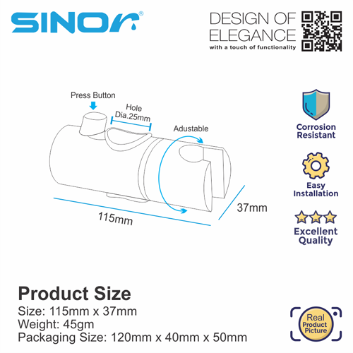 SH-90-25-05 Sinor SH-90-25 Adjustable Shower Panel Holder Shower Head Holder Bathroom Shower Holder - Image 6