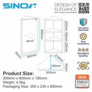 Sinor SMC-3060-M Fully SUS304 Stainless Steel Wall-mounted Triangle Corner Bathroom Mirror With Multiple Compartments Cabinet - Image 6