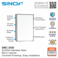 Sinor SMC-3550 Stainless Steel Wall-mounted Rectangle Bathroom Mirror With Multiple Compartments Cabinet - Image 3