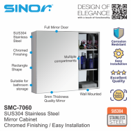 Sinor SMC-7060 Fully SUS304 Stainless Steel Wall-mounted Rectangle Bathroom Mirror With Multiple Compartments Cabinet - Image 2