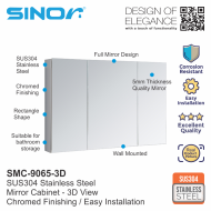 Sinor SMC-9065-3D Fully SUS304 Stainless Steel Wall-mounted 3d View Mirror With Multiple Compartments Cabinet - Image 2