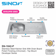 Sinor SN-1842-P Stainless Steel Kitchen Sink With Drain Board - Developer Series - Image 2