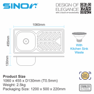 Sinor SN-1842-P Stainless Steel Kitchen Sink With Drain Board - Developer Series - Image 5